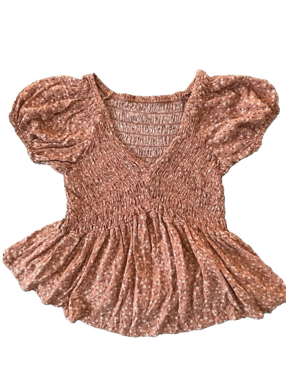Orange Floral Cropped Peplum Top Size S est. Smocked Puff Sleeves Boho Feminine